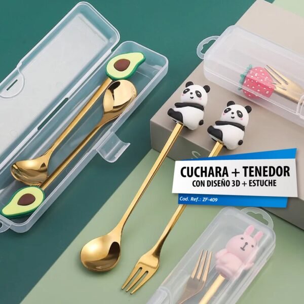 CUCHARA + TENEDOR CON DISEÑO 3D + ESTUCHE